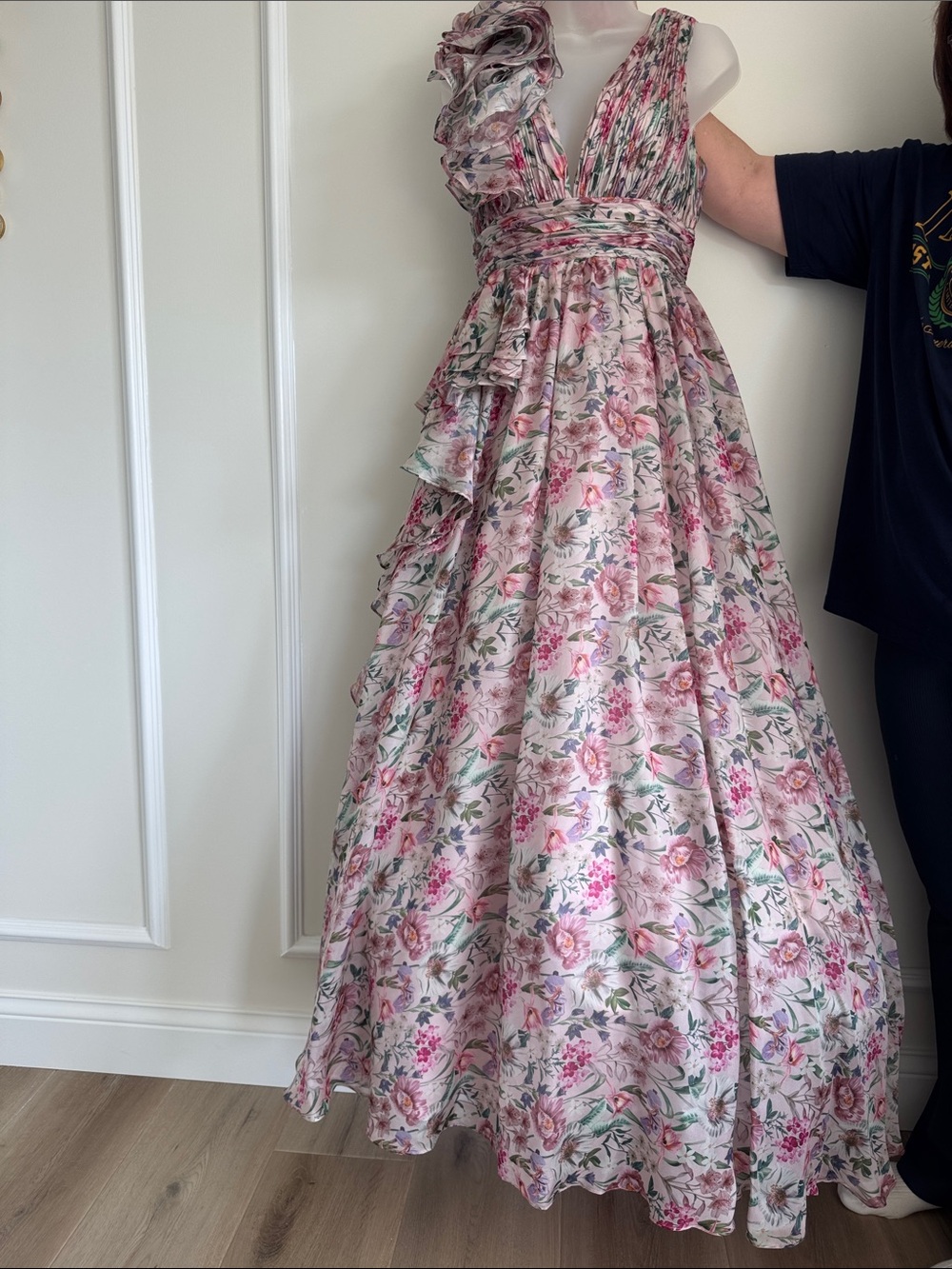 Mac Duggal Pink Floral Ruffle V-Neck Maxi Dress